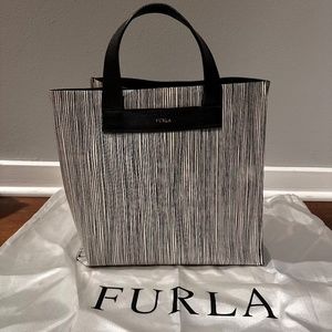 Rare! Furla Divide-it Tote Black and White Striped Medium Sized Shopper Tote Bag